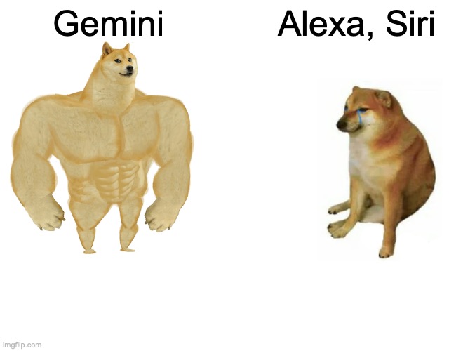Gemini King | Gemini; Alexa, Siri | image tagged in memes,buff doge vs cheems,alexa,siri,gemini,ai | made w/ Imgflip meme maker