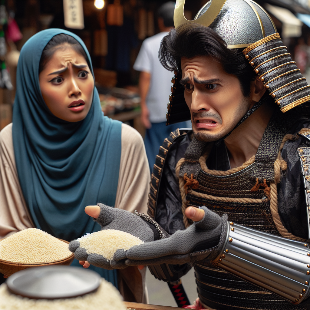 samurai holding rice looking cunfused why he cant pay with it Blank Meme Template