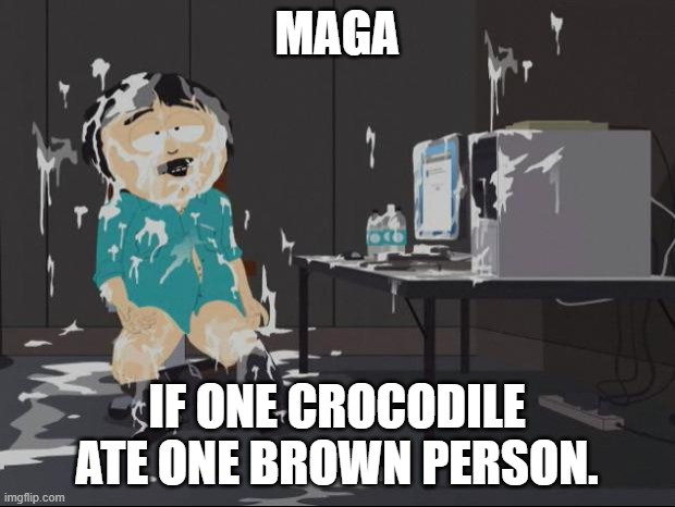 Randy Marsh computer | MAGA; IF ONE CROCODILE ATE ONE BROWN PERSON. | image tagged in randy marsh computer | made w/ Imgflip meme maker