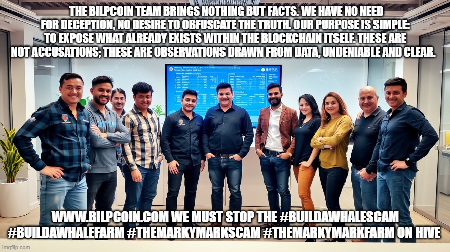 THE BILPCOIN TEAM BRINGS NOTHING BUT FACTS. WE HAVE NO NEED FOR DECEPTION, NO DESIRE TO OBFUSCATE THE TRUTH. OUR PURPOSE IS SIMPLE: TO EXPOSE WHAT ALREADY EXISTS WITHIN THE BLOCKCHAIN ITSELF. THESE ARE NOT ACCUSATIONS; THESE ARE OBSERVATIONS DRAWN FROM DATA, UNDENIABLE AND CLEAR. WWW.BILPCOIN.COM WE MUST STOP THE #BUILDAWHALESCAM #BUILDAWHALEFARM #THEMARKYMARKSCAM #THEMARKYMARKFARM ON HIVE | made w/ Imgflip meme maker