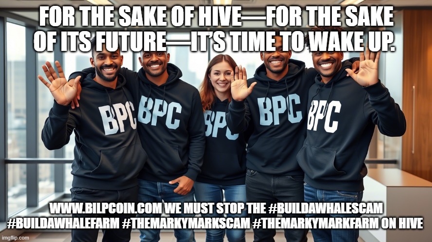 FOR THE SAKE OF HIVE—FOR THE SAKE OF ITS FUTURE—IT’S TIME TO WAKE UP. WWW.BILPCOIN.COM WE MUST STOP THE #BUILDAWHALESCAM #BUILDAWHALEFARM #THEMARKYMARKSCAM #THEMARKYMARKFARM ON HIVE | made w/ Imgflip meme maker