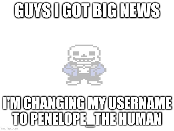 bro les goooooooo | GUYS I GOT BIG NEWS; I'M CHANGING MY USERNAME TO PENELOPE_THE HUMAN | image tagged in blank white template | made w/ Imgflip meme maker
