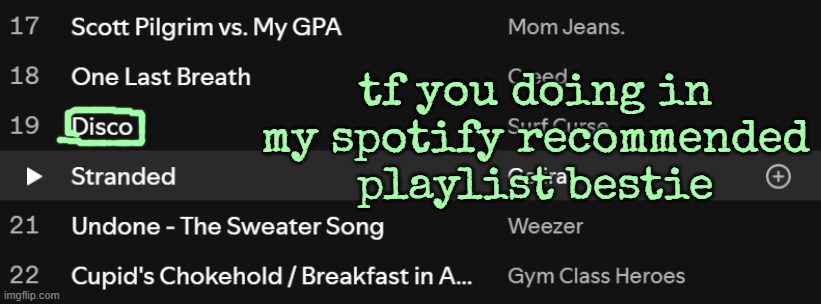 tf you doing in my spotify recommended playlist bestie | made w/ Imgflip meme maker