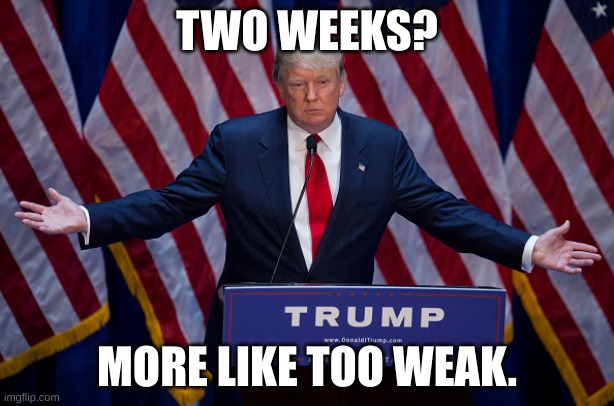 TACO Belle | TWO WEEKS? MORE LIKE TOO WEAK. | image tagged in donald trump,two weak,two weeks,taco | made w/ Imgflip meme maker