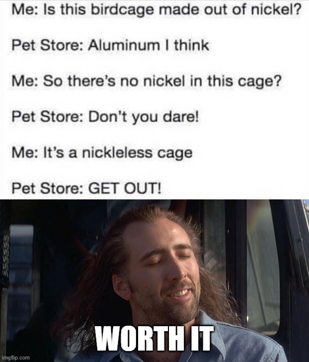 WORTH IT | image tagged in nic cage feels good,dad joke | made w/ Imgflip meme maker