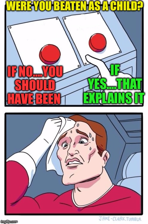 Arguing with stupidity | WERE YOU BEATEN AS A CHILD? IF NO….YOU SHOULD HAVE BEEN; IF YES….THAT EXPLAINS IT | image tagged in two blank buttons choice,stupidity,idiocracy,annoyed | made w/ Imgflip meme maker