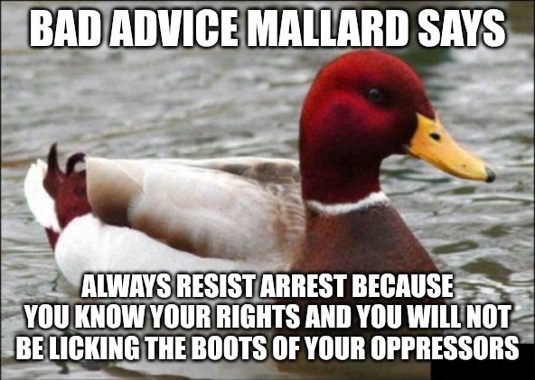 Don't worry about the risk of being shot or beaten. After all, you know your rights and will continue to resist. | BAD ADVICE MALLARD SAYS; ALWAYS RESIST ARREST BECAUSE YOU KNOW YOUR RIGHTS AND YOU WILL NOT BE LICKING THE BOOTS OF YOUR OPPRESSORS | image tagged in memes,malicious advice mallard | made w/ Imgflip meme maker