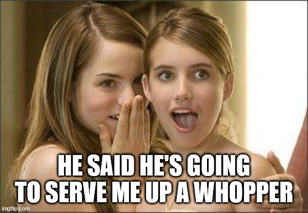 Girls gossiping | HE SAID HE'S GOING TO SERVE ME UP A WHOPPER | image tagged in girls gossiping | made w/ Imgflip meme maker