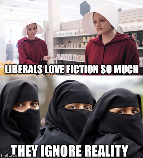 LIBERALS LOVE FICTION SO MUCH; THEY IGNORE REALITY | image tagged in the handmaid's tale,muslim women are prisoners,politics,political meme,liberals,liberal logic | made w/ Imgflip meme maker