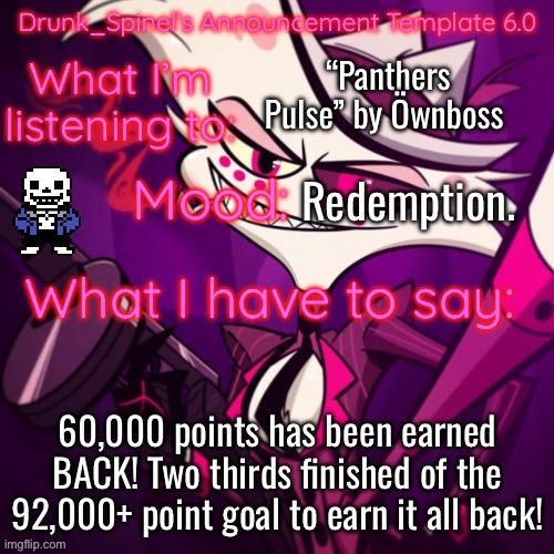 The return of the Slim Shady..? (NO -Sys) | “Panthers Pulse” by Öwnboss; Redemption. 60,000 points has been earned BACK! Two thirds finished of the 92,000+ point goal to earn it all back! | image tagged in drunk_spinel s announcement template angel_dust_ s resurgence | made w/ Imgflip meme maker