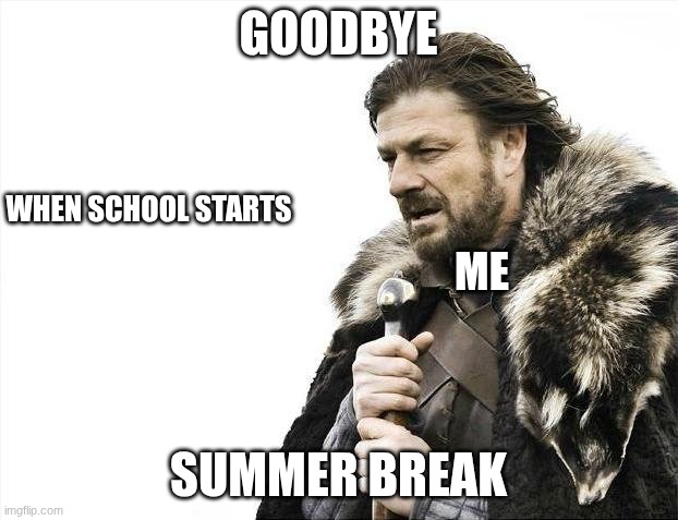 Brace Yourselves X is Coming Meme | GOODBYE; WHEN SCHOOL STARTS; ME; SUMMER BREAK | image tagged in memes,brace yourselves x is coming | made w/ Imgflip meme maker