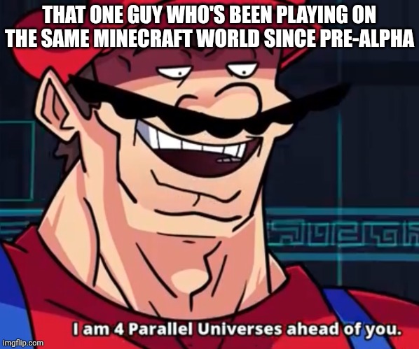 I Am 4 Parallel Universes Ahead Of You | THAT ONE GUY WHO'S BEEN PLAYING ON THE SAME MINECRAFT WORLD SINCE PRE-ALPHA | image tagged in i am 4 parallel universes ahead of you | made w/ Imgflip meme maker
