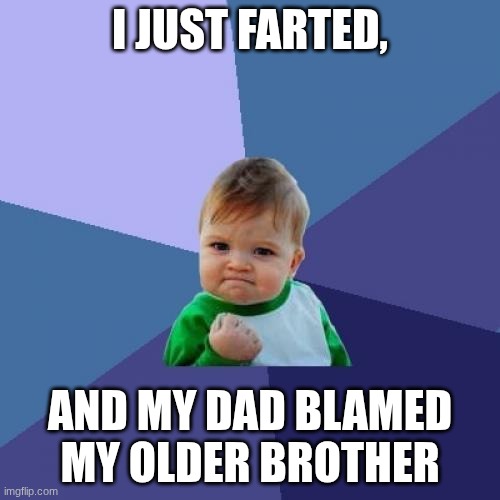 Success Kid | I JUST FARTED, AND MY DAD BLAMED MY OLDER BROTHER | image tagged in memes,success kid | made w/ Imgflip meme maker