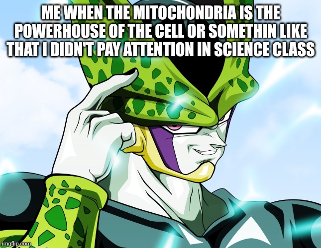 See it's funny because his name is cell...... | ME WHEN THE MITOCHONDRIA IS THE POWERHOUSE OF THE CELL OR SOMETHIN LIKE THAT I DIDN'T PAY ATTENTION IN SCIENCE CLASS | image tagged in perfect cell,cell,mitochondria,dbz,science | made w/ Imgflip meme maker