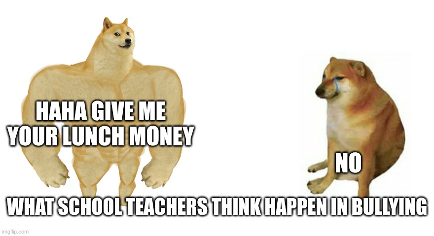 Buff Doge vs Crying Cheems | HAHA GIVE ME YOUR LUNCH MONEY; NO; WHAT SCHOOL TEACHERS THINK HAPPEN IN BULLYING | image tagged in buff doge vs crying cheems | made w/ Imgflip meme maker