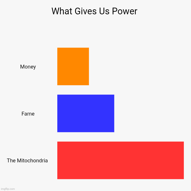 The only thing I learned from science class | What Gives Us Power | Money, Fame, The Mitochondria | image tagged in charts,bar charts,science,mitochondria,cell | made w/ Imgflip chart maker
