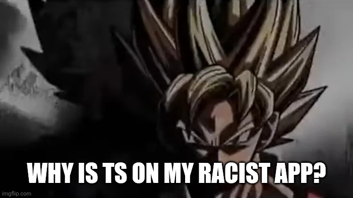 Goku Staring | WHY IS TS ON MY RACIST APP? | image tagged in goku staring | made w/ Imgflip meme maker