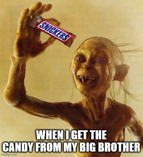 My precious Gollum | WHEN I GET THE CANDY FROM MY BIG BROTHER | image tagged in my precious gollum | made w/ Imgflip meme maker