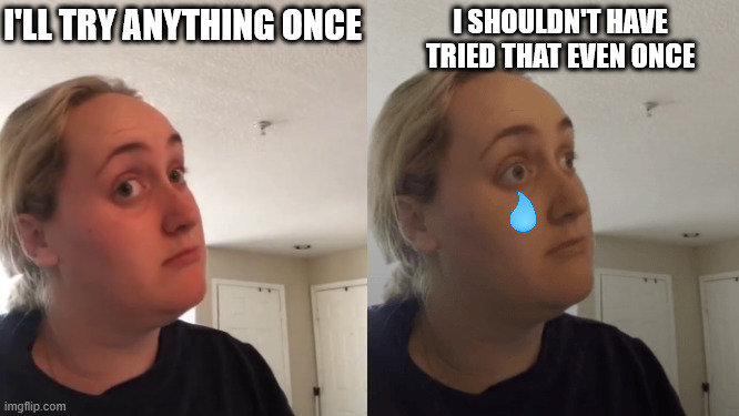 painal | I'LL TRY ANYTHING ONCE; I SHOULDN'T HAVE TRIED THAT EVEN ONCE | image tagged in woman no yes kombucha | made w/ Imgflip meme maker
