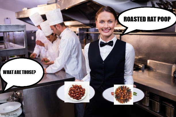 Waitress wants to get fired | ROASTED RAT POOP; WHAT ARE THOSE? | image tagged in dates,medjool dates | made w/ Imgflip meme maker