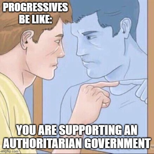 Pointing mirror guy | PROGRESSIVES BE LIKE: YOU ARE SUPPORTING AN AUTHORITARIAN GOVERNMENT | image tagged in pointing mirror guy | made w/ Imgflip meme maker