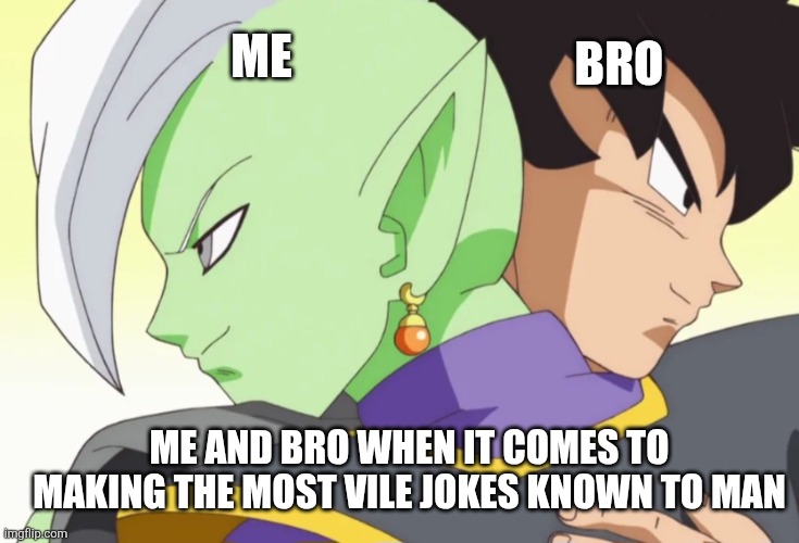Me and Bro | BRO; ME; ME AND BRO WHEN IT COMES TO MAKING THE MOST VILE JOKES KNOWN TO MAN | image tagged in bro,bad jokes,memes,dbs | made w/ Imgflip meme maker