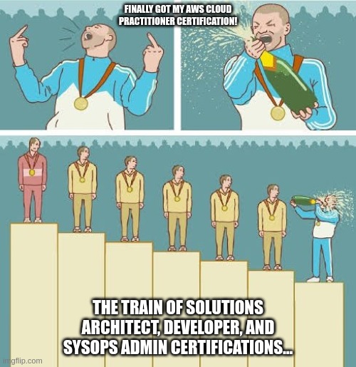 AWS Certification Meme | FINALLY GOT MY AWS CLOUD PRACTITIONER CERTIFICATION! THE TRAIN OF SOLUTIONS ARCHITECT, DEVELOPER, AND SYSOPS ADMIN CERTIFICATIONS... | image tagged in funny,amazon,cloud | made w/ Imgflip meme maker
