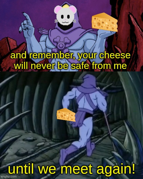 Skeletor until we meet again | and remember, your cheese will never be safe from me; until we meet again! | image tagged in skeletor until we meet again,sans of topic | made w/ Imgflip meme maker