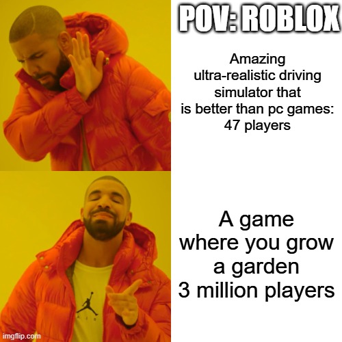 Drake Hotline Bling | POV: ROBLOX; Amazing ultra-realistic driving simulator that is better than pc games:
47 players; A game where you grow a garden
3 million players | image tagged in memes,drake hotline bling,fun,roblox | made w/ Imgflip meme maker