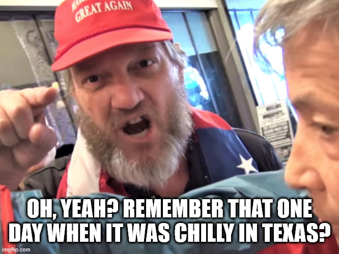 Angry Trump Supporter | OH, YEAH? REMEMBER THAT ONE DAY WHEN IT WAS CHILLY IN TEXAS? | image tagged in angry trump supporter | made w/ Imgflip meme maker