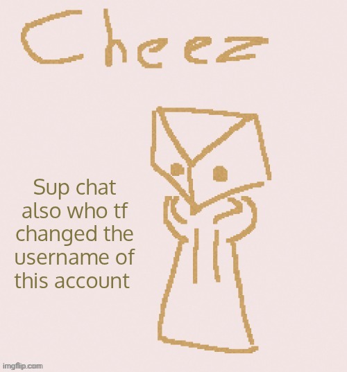 Cheez | Sup chat also who tf changed the username of this account | image tagged in cheez | made w/ Imgflip meme maker