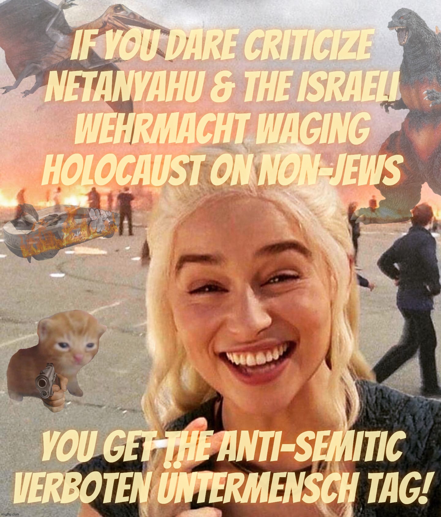 AshkeNazis on the genocide Holocaust rampage yet again,,, | If you dare criticize
Netanyahu & the Israeli
wehrmacht waging Holocaust on non-Jews; You get the anti-Semitic
verboten üntermensch tag! | image tagged in disaster smoker gal kitchen sink edition,israeli wehrmacht,israel waging holocaust,criticize israeli nazis,you're anti-semitic | made w/ Imgflip meme maker