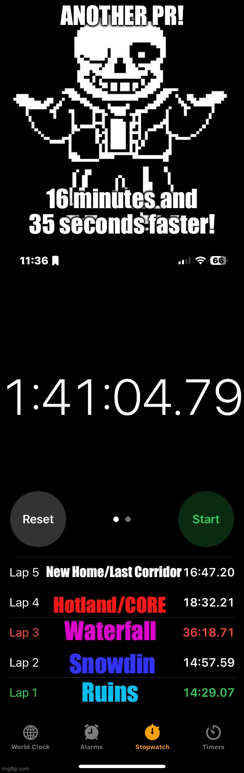 I’m getting faster! AND THE SANS FIGHT WAS ON THE FIRST TRY! | ANOTHER PR! 16 minutes and 35 seconds faster! New Home/Last Corridor; Hotland/CORE; Waterfall; Snowdin; Ruins | image tagged in sans undertale | made w/ Imgflip meme maker