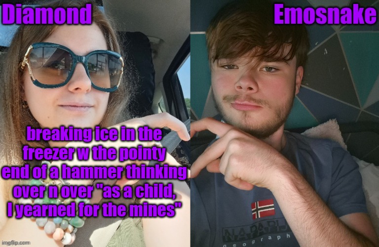 Diamond and ES shared couple temp | breaking ice in the freezer w the pointy end of a hammer thinking over n over "as a child, I yearned for the mines" | image tagged in diamond and es shared couple temp | made w/ Imgflip meme maker