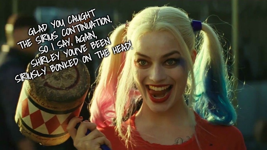 Harley Quinn hammer | GLAD YOU CAUGHT THE SIRIUS CONTINUATION. SO I SAY, AGAIN, SHIRLEY YOU'VE BEEN SIRIUSLY BONKED ON THE HEAD! | image tagged in harley quinn hammer | made w/ Imgflip meme maker