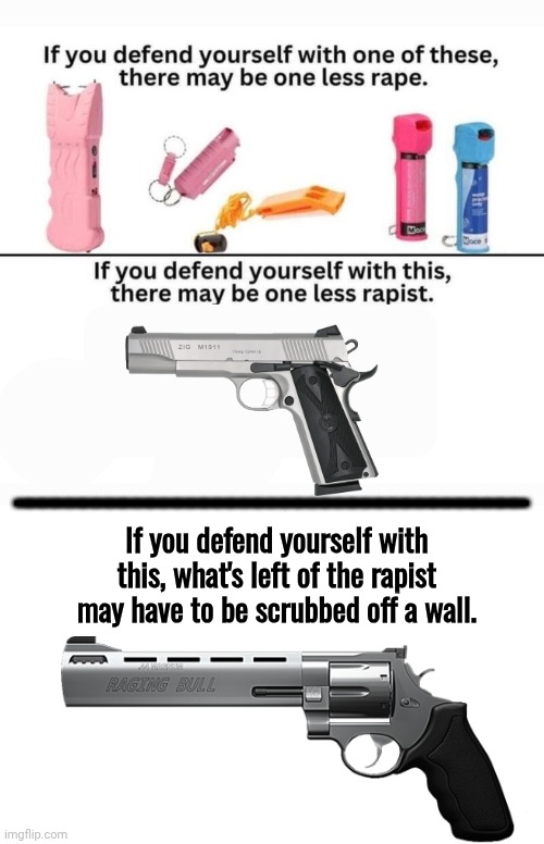 Self defense tools & results | ______________________________________; If you defend yourself with this, what's left of the rapist may have to be scrubbed off a wall. | image tagged in blank white template,magnum pi,44colt | made w/ Imgflip meme maker