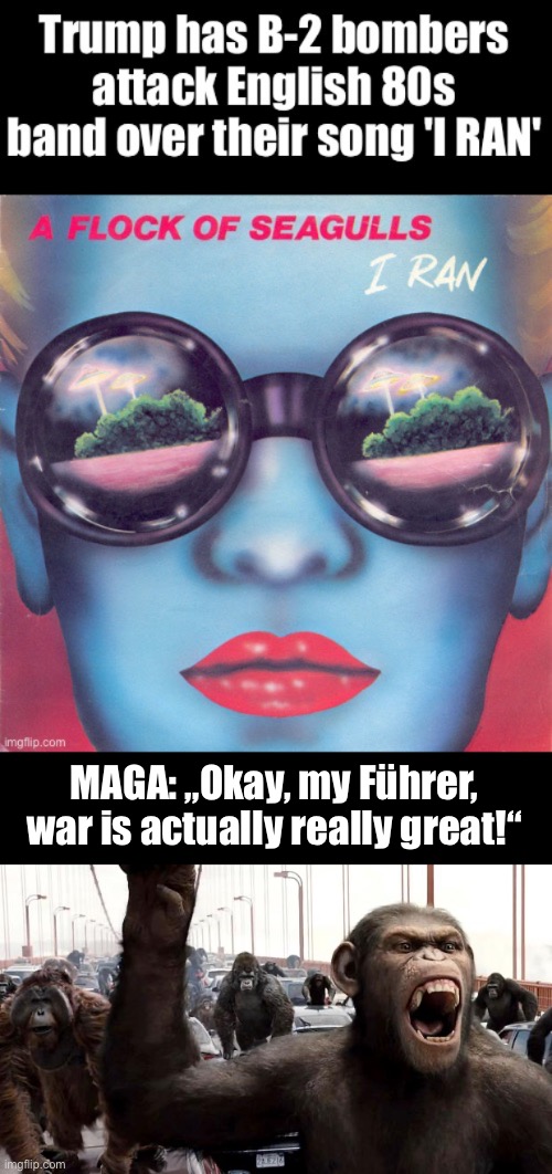 Planet of the MAGAs | MAGA: „Okay, my Führer, war is actually really great!“ | image tagged in planet of the apes | made w/ Imgflip meme maker