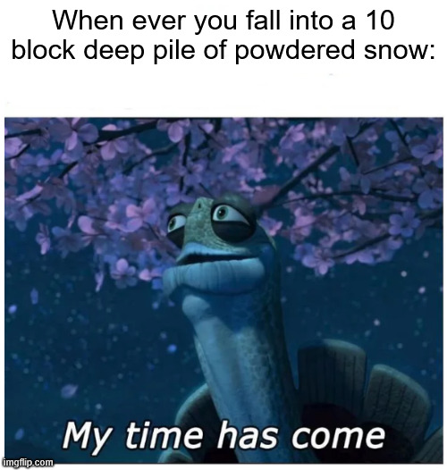 This is me 24/7 | When ever you fall into a 10 block deep pile of powdered snow: | image tagged in my time has come | made w/ Imgflip meme maker