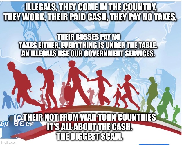 Illegal profits | THEIR BOSSES PAY NO TAXES EITHER, EVERYTHING IS UNDER THE TABLE. 
AN ILLEGALS USE OUR GOVERNMENT SERVICES. ILLEGALS, THEY COME IN THE COUNTRY, THEY WORK, THEIR PAID CASH, THEY PAY NO TAXES, THEIR NOT FROM WAR TORN COUNTRIES 
IT’S ALL ABOUT THE CASH. 
THE BIGGEST SCAM. | image tagged in hard to swallow pills,illegal immigration | made w/ Imgflip meme maker