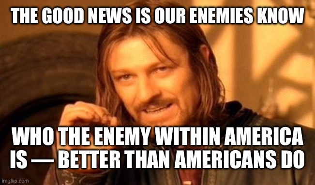 One Does Not Simply Meme | THE GOOD NEWS IS OUR ENEMIES KNOW WHO THE ENEMY WITHIN AMERICA IS — BETTER THAN AMERICANS DO | image tagged in memes,one does not simply | made w/ Imgflip meme maker