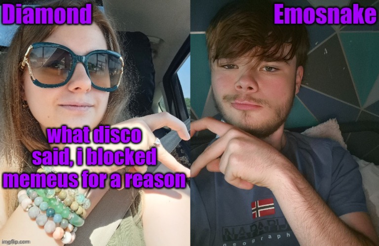 Diamond and ES shared couple temp | what disco said, i blocked memeus for a reason | image tagged in diamond and es shared couple temp | made w/ Imgflip meme maker
