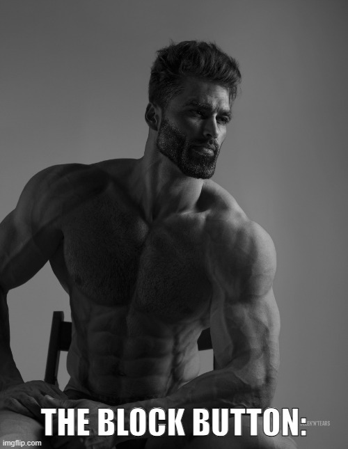 Giga Chad | THE BLOCK BUTTON: | image tagged in giga chad | made w/ Imgflip meme maker
