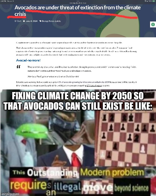 What will happen to our guacamole chat!? | FIXING CLIMATE CHANGE BY 2050 SO THAT AVOCADOS CAN STILL EXIST BE LIKE: | image tagged in this outstanding modern problem requires an illegal move beyond | made w/ Imgflip meme maker
