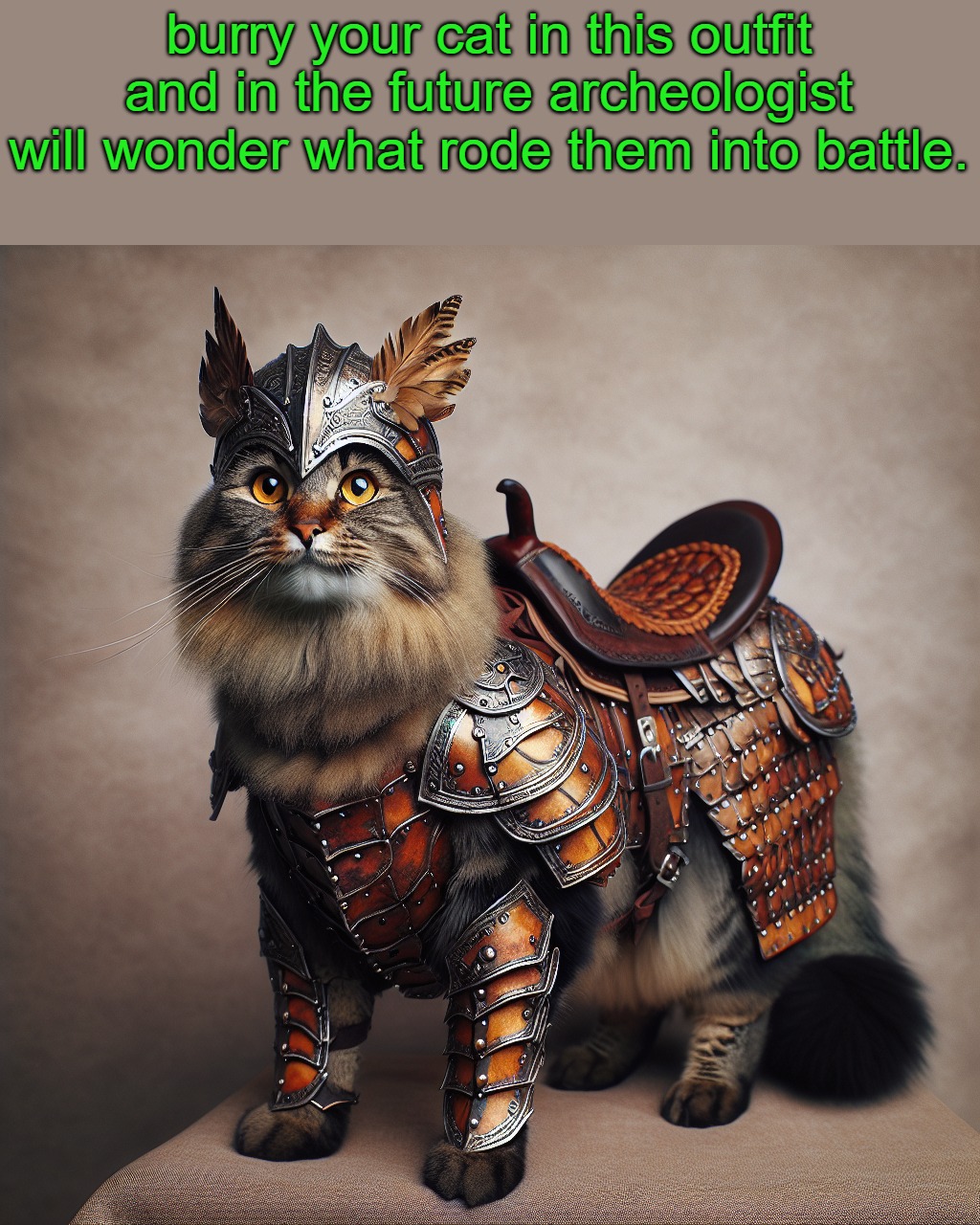 battle cat | burry your cat in this outfit and in the future archeologist will wonder what rode them into battle. | image tagged in battle cat,kewlew | made w/ Imgflip meme maker