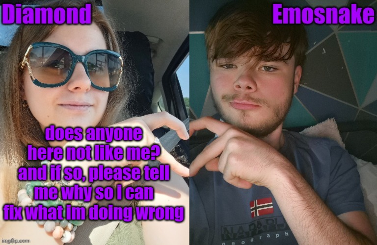i just feel like some of yall dont like me | does anyone here not like me? and if so, please tell me why so i can fix what im doing wrong | image tagged in diamond and es shared couple temp | made w/ Imgflip meme maker