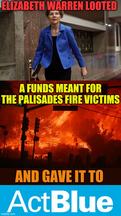 More Democrat Scandal... | ELIZABETH WARREN LOOTED; A FUNDS MEANT FOR THE PALISADES FIRE VICTIMS; AND GAVE IT TO | image tagged in palisades on fire,relief,elizabeth warren,looting,politics,memes | made w/ Imgflip meme maker