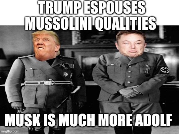Blank White Template | TRUMP ESPOUSES MUSSOLINI QUALITIES MUSK IS MUCH MORE ADOLF | image tagged in blank white template | made w/ Imgflip meme maker