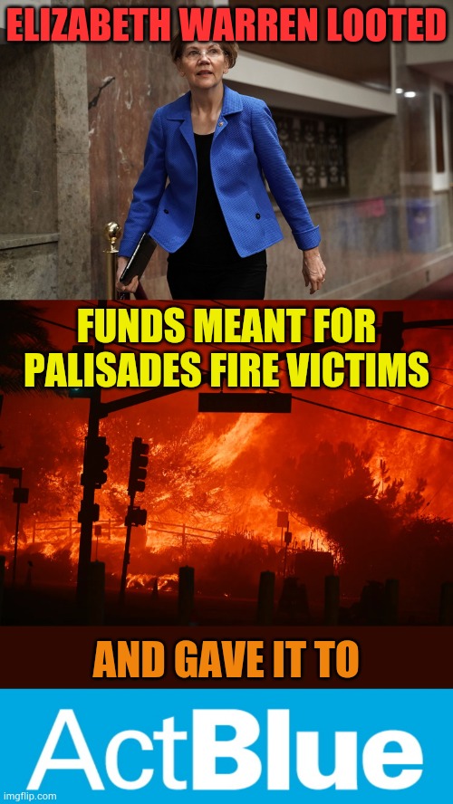 More Democrat Scandal... | ELIZABETH WARREN LOOTED; FUNDS MEANT FOR PALISADES FIRE VICTIMS; AND GAVE IT TO | image tagged in palisades on fire,funds,taken,elizabeth warren,actblue,memes | made w/ Imgflip meme maker