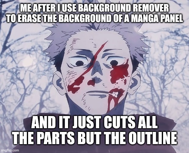 Yuji Itadori | ME AFTER I USE BACKGROUND REMOVER TO ERASE THE BACKGROUND OF A MANGA PANEL; AND IT JUST CUTS ALL THE PARTS BUT THE OUTLINE | image tagged in yuji itadori | made w/ Imgflip meme maker