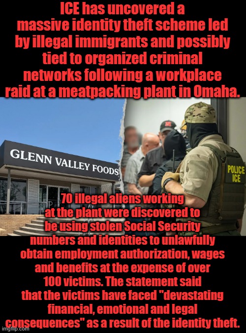 Tip of the Iceberg | ICE has uncovered a massive identity theft scheme led by illegal immigrants and possibly tied to organized criminal networks following a workplace raid at a meatpacking plant in Omaha. 70 illegal aliens working at the plant were discovered to be using stolen Social Security numbers and identities to unlawfully obtain employment authorization, wages and benefits at the expense of over 100 victims. The statement said that the victims have faced "devastating financial, emotional and legal consequences" as a result of the identity theft. | made w/ Imgflip meme maker